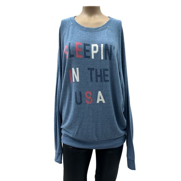 Junk Food Sleepin‎ In The USA Graphic Oversized Pullover Blue Sweatshirt Women S - Picture 1 of 11
